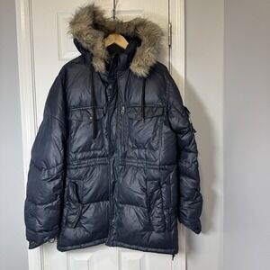 Y2K GAP Faux Fur Trim Puffer Heavy Parka Mens M Navy Blue Hood Coat Vintage